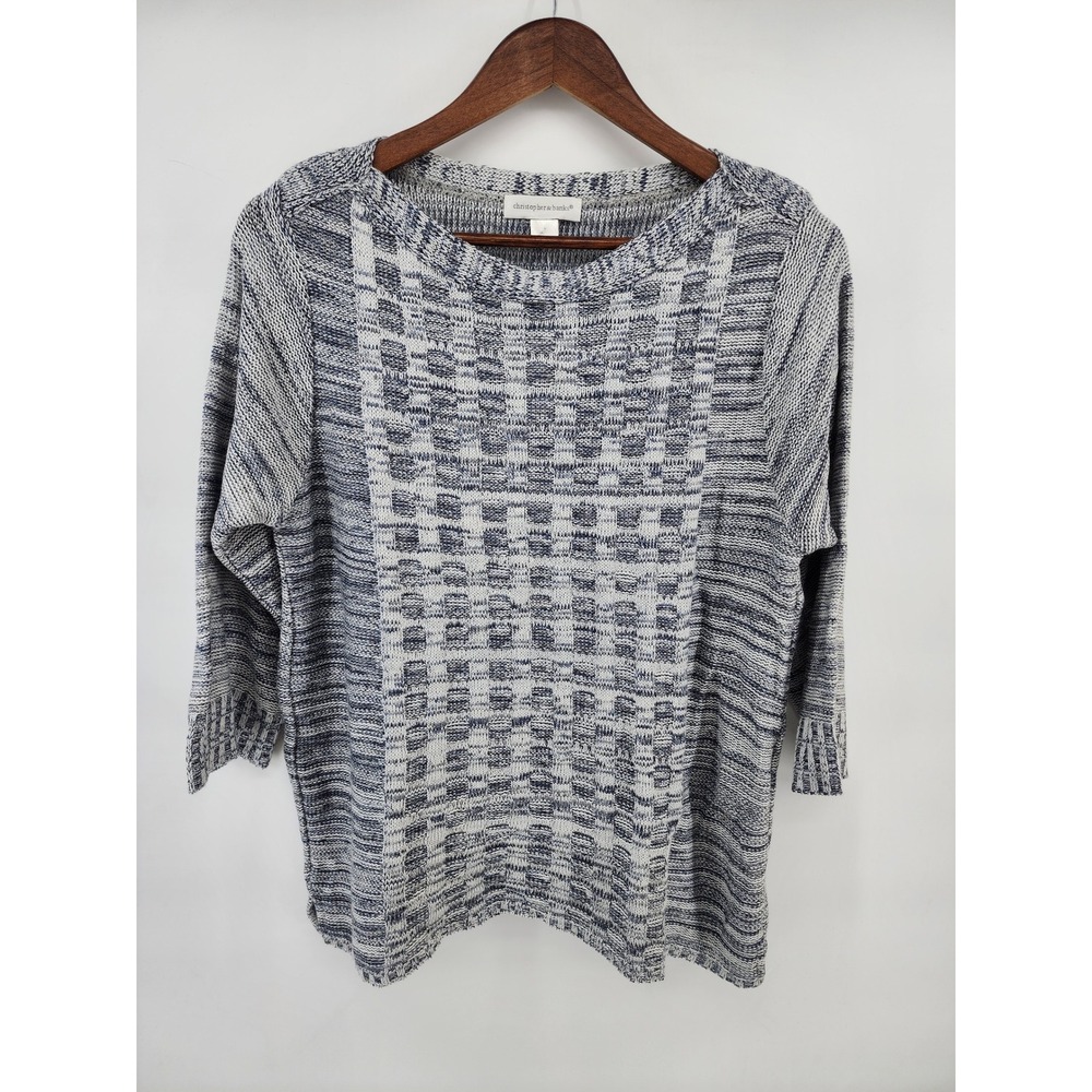 Christopher & Banks Womens Blue White Textured Knit 3/4 Sleeve Sweater Large
